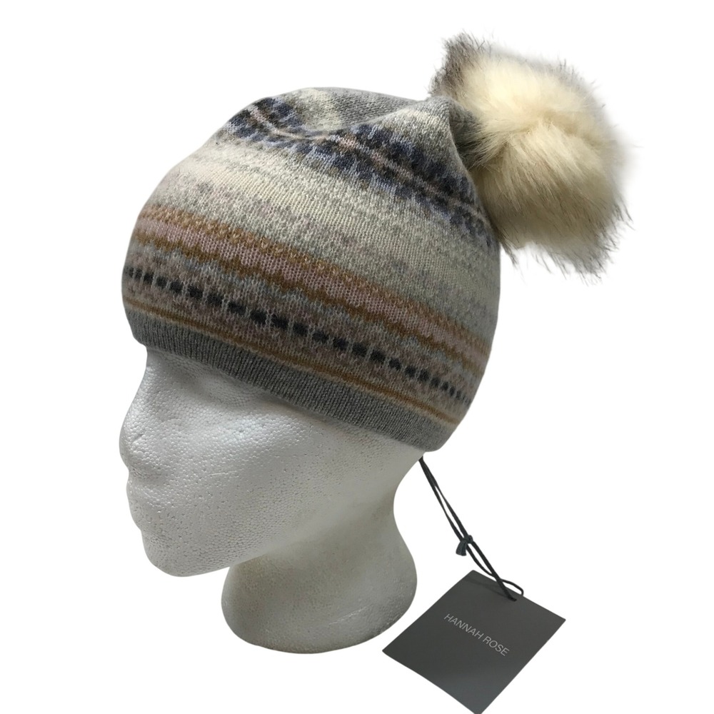 Hannah Rose 100% Cashmere Fair Isle Beanie Hat with Faux Fur Pom Grey Pink Blue